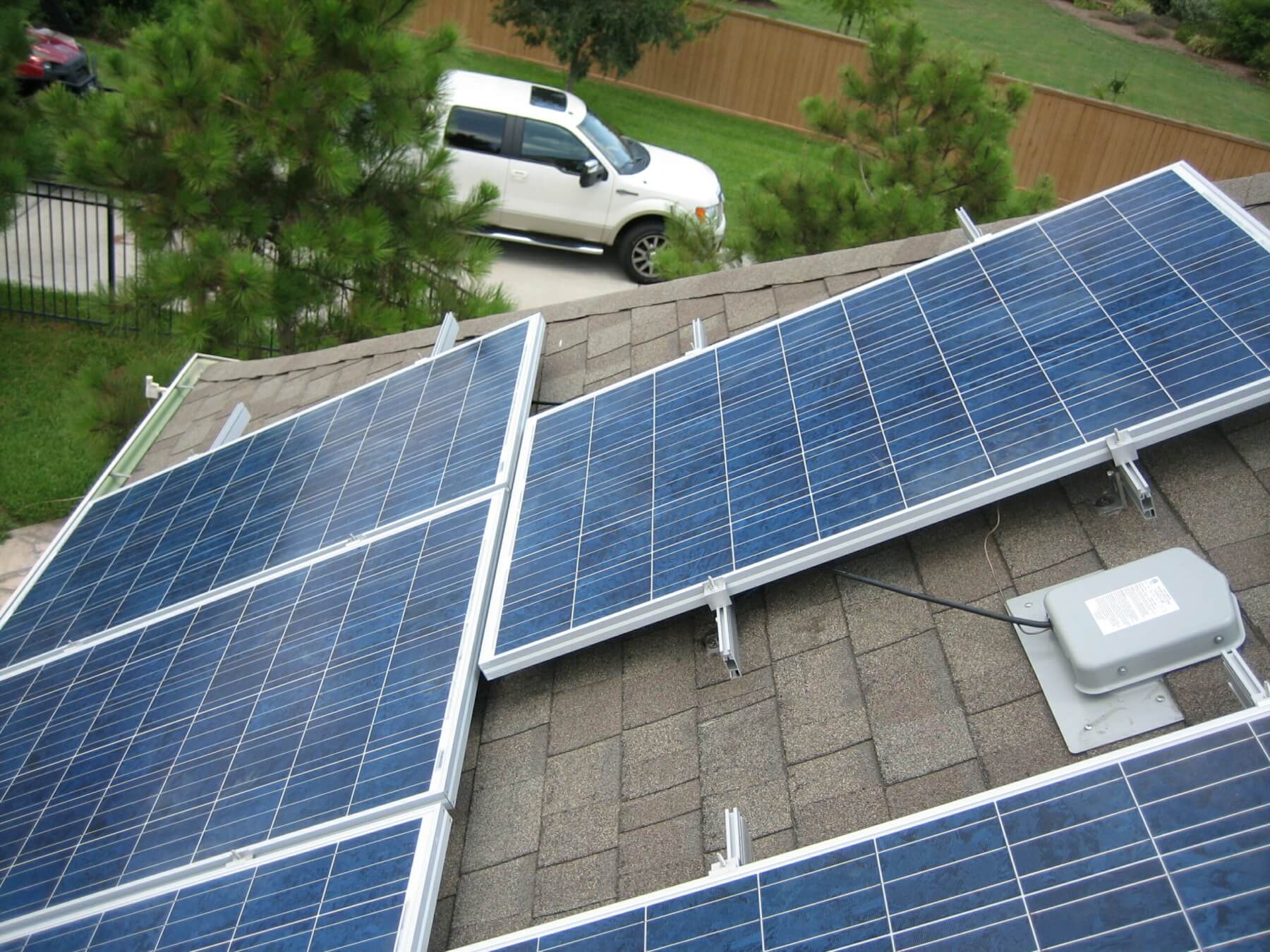 Close-up view of solar panels on house roof